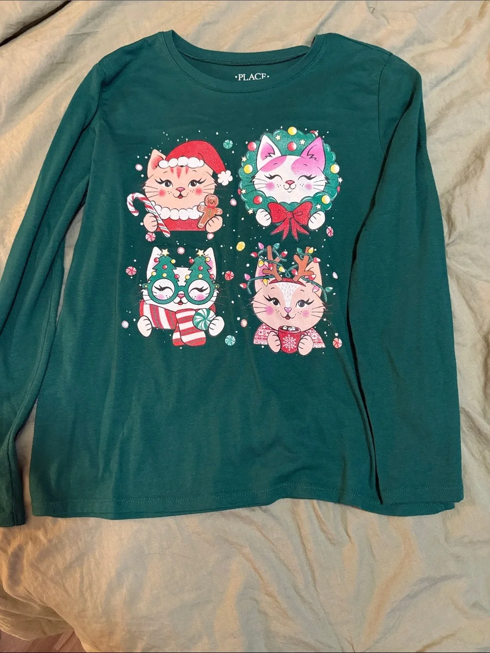 The Children's Place Green Long-Sleeve Holiday Cat Graphic Tee